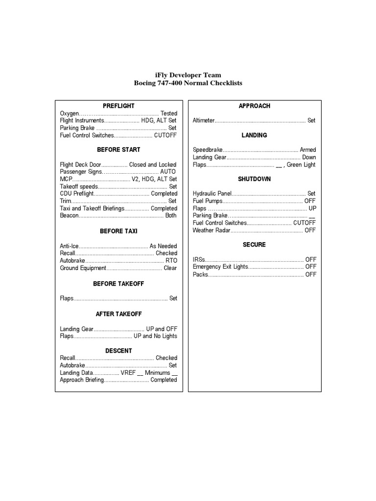 Boeing 747-400 Preflight Checklist | PDF