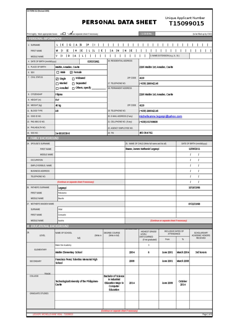CSC FORM 212 Revised 2005 Personal Data Sheet TeacherPH.com | Teachers ...