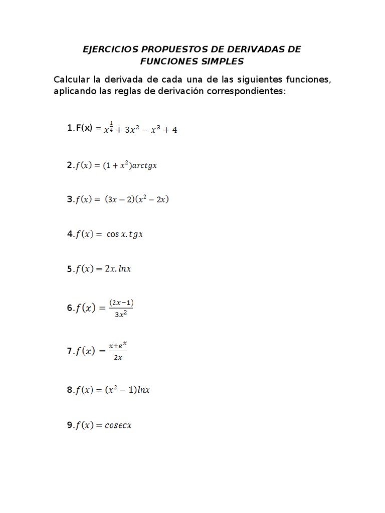 Ejercicios de Derivadas Simples | PDF | Métodos y materiales de ...