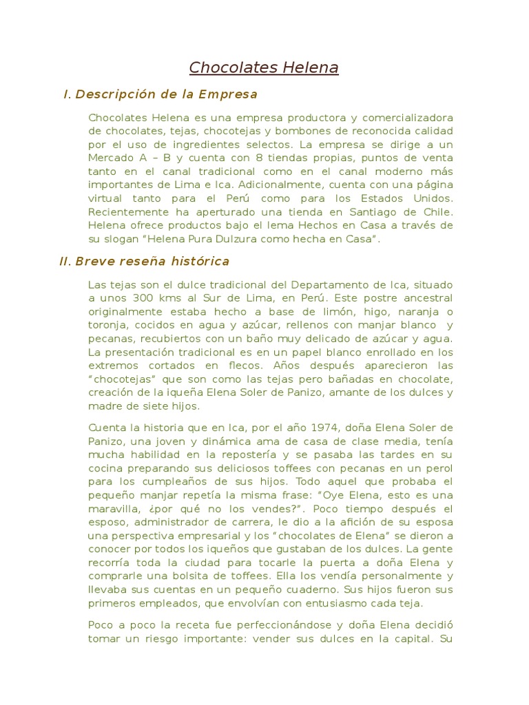 Chocolates Helena Trabajo Final PDF Exportaciones Calidad