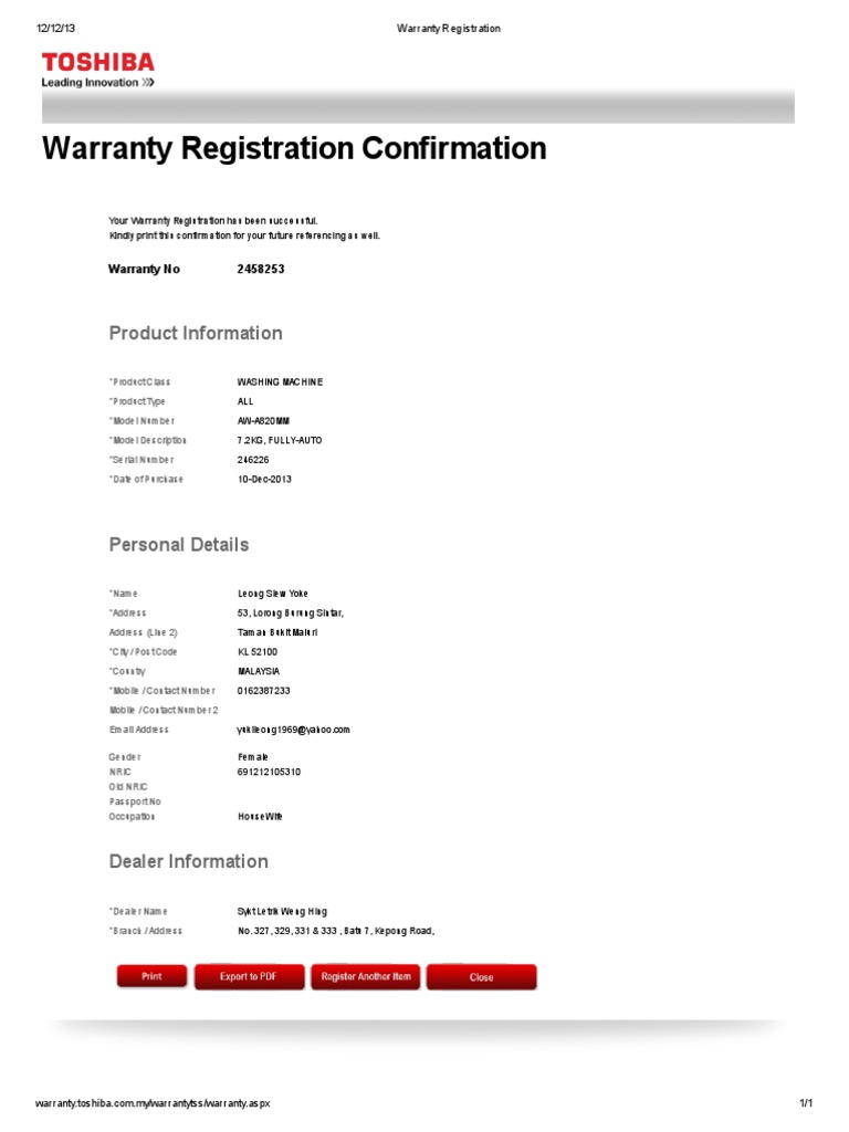 Toshiba Warranty Registration PDF