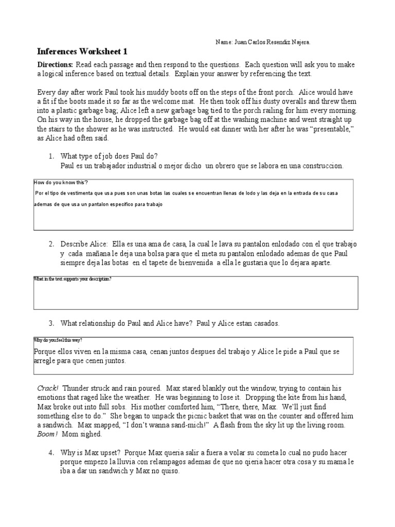 Inferences Worksheet 1 | PDF | Leisure