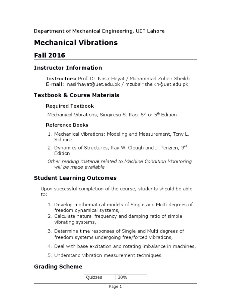 UET Mechanical Vibrations Course Outline | PDF | Technology & Engineering