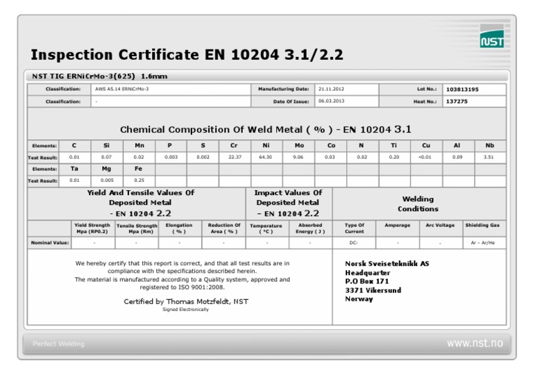 Inspection certificate en 10204 3 1 2 2 chemical composition of weld