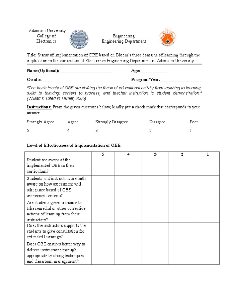 Questionnaire Learning Educational Assessment