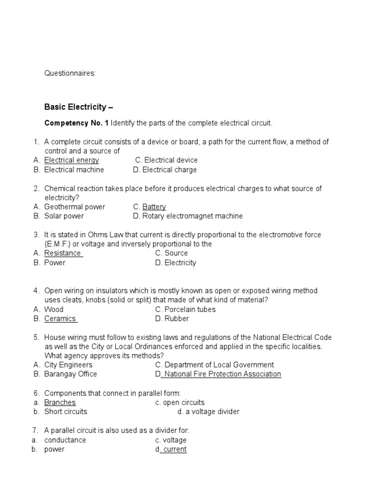 Electrical Survey Questionnaire: 25 Questions | PDF | Series And ...