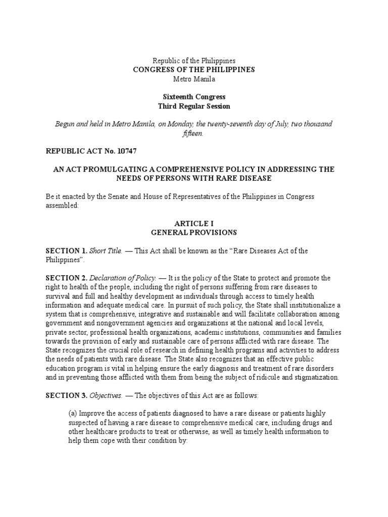Republic Act No. 10747 (Rare Diseases Act of The Philippines) 2016  