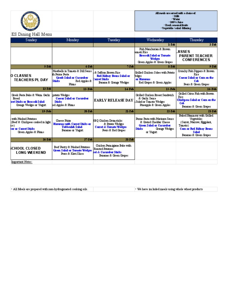 Weekly ES Dining Hall Menu | PDF | Wellness