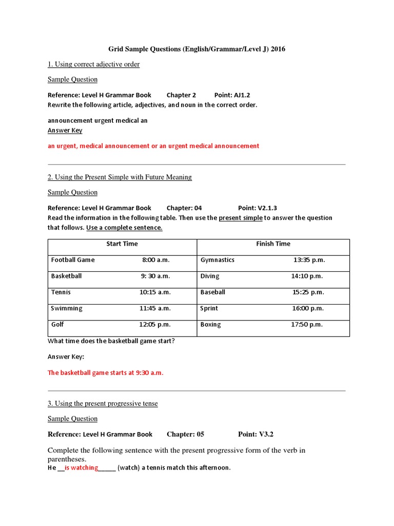 1617 Level J English Grammar Grid Sample Questions PDF | PDF | Language ...