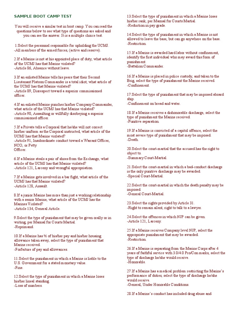 Sample Boot Camp Test United States Marine Corps Military Discharge