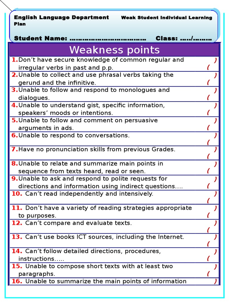 Student Learning Plan for English Skills | PDF