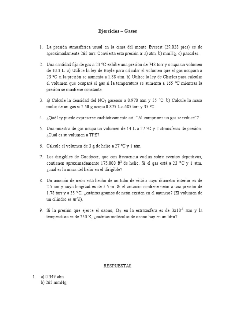 Ejercicios - Gases | PDF | Métodos y materiales de enseñanza | Ciencia ...