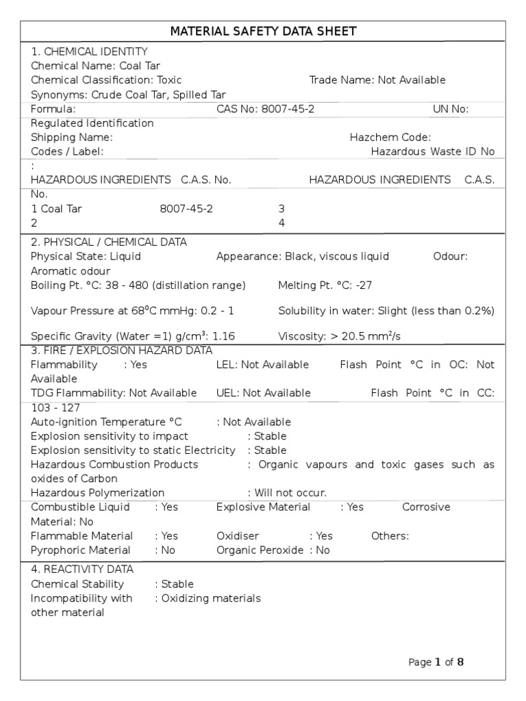 Msds Coal Tar PDF Dangerous Goods Flammability