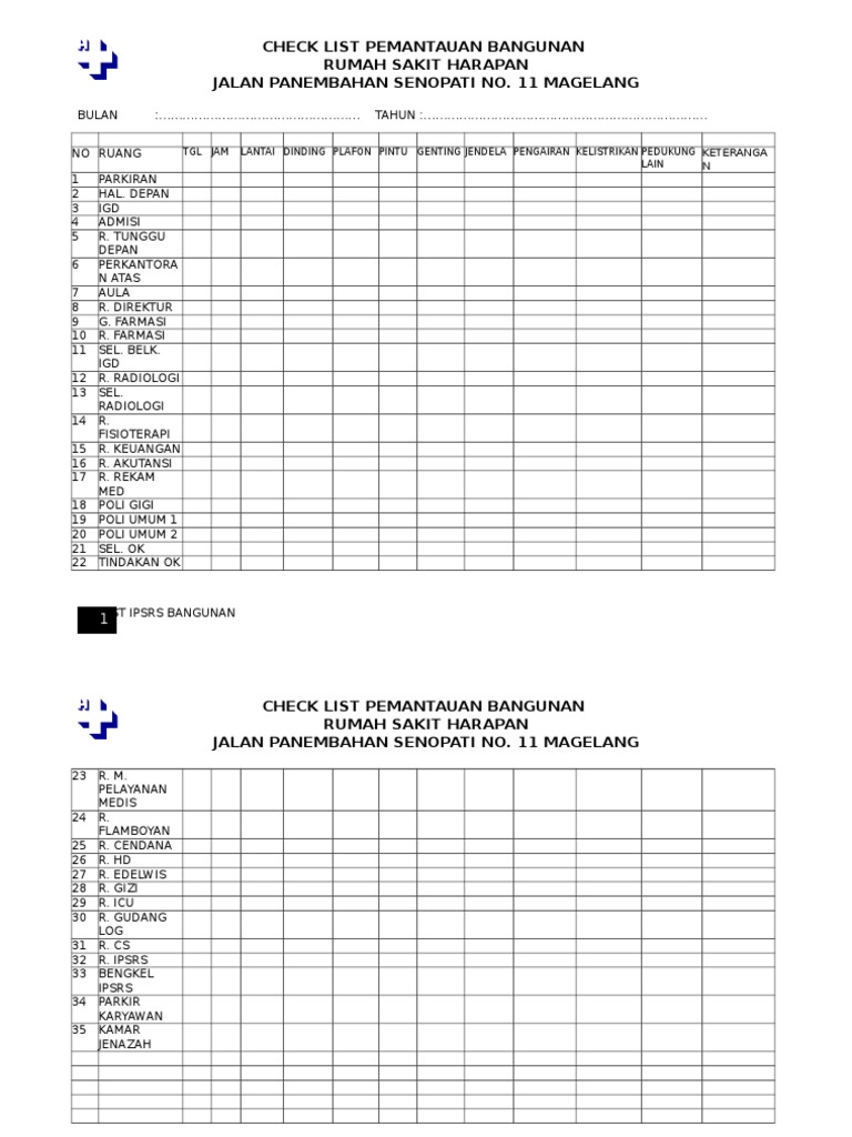 Ceklist Pemantauan Bangunan RS Harapan | PDF
