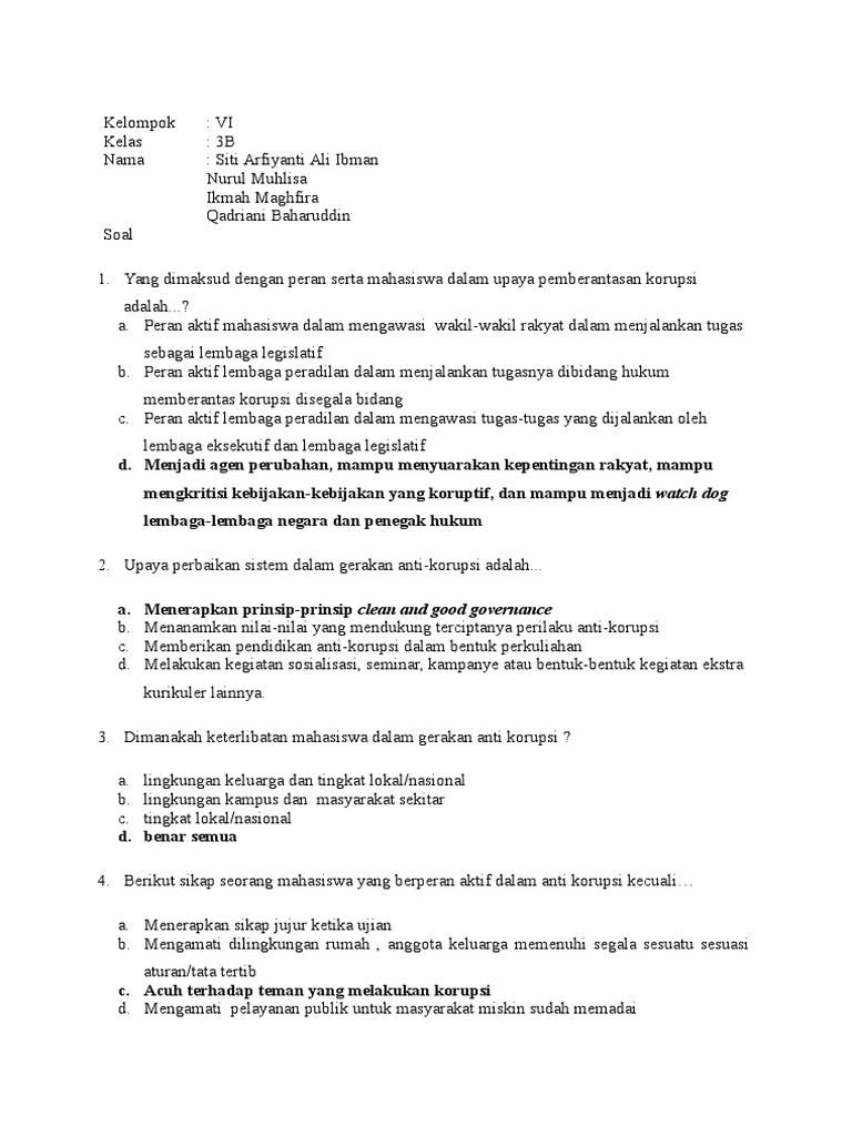 Soal Dan Jawaban Peran Mahasiswa Dalam Anti Korupsi Kelompok 6