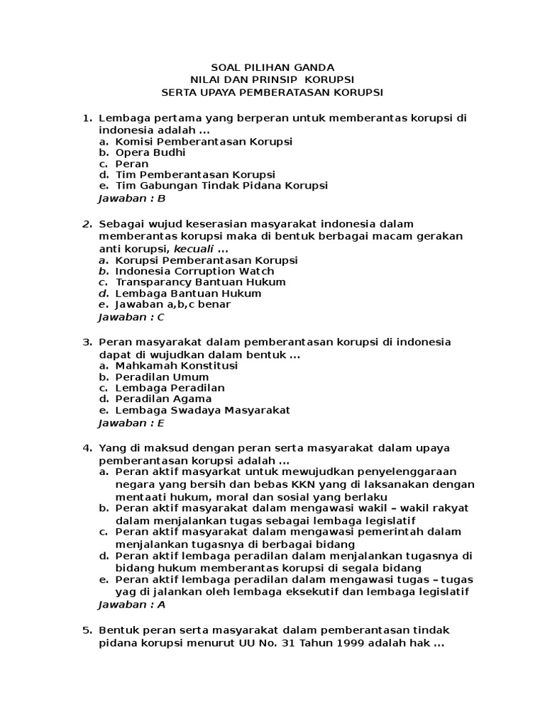 Soal Dan Jawaban Pendidikan Anti Korupsi Soal Dan Jawaban