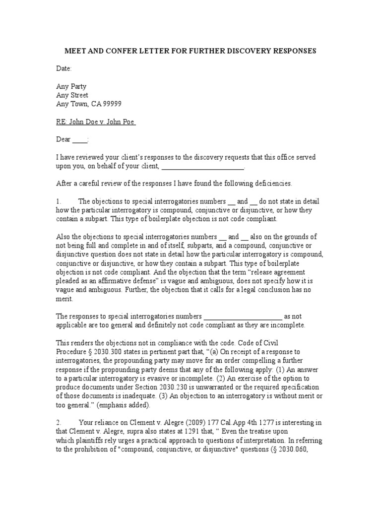 Sample Meet and Confer Letters for Discovery in California Motion To