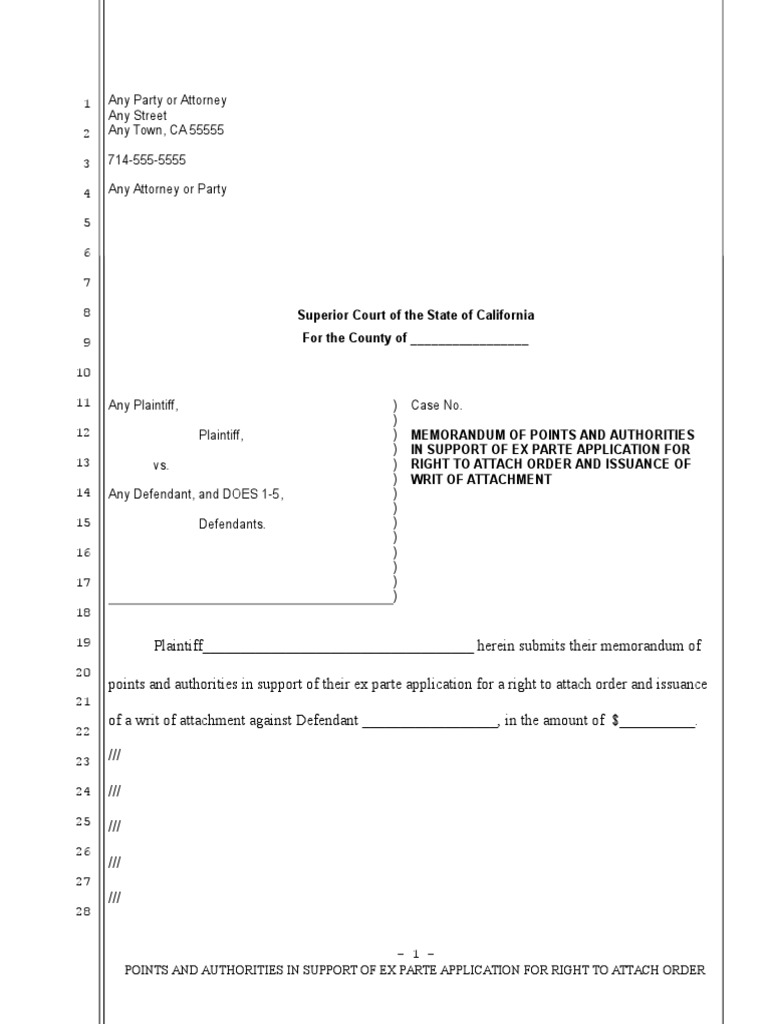 Sample Points and Authorities in Support of Ex Parte Application For A