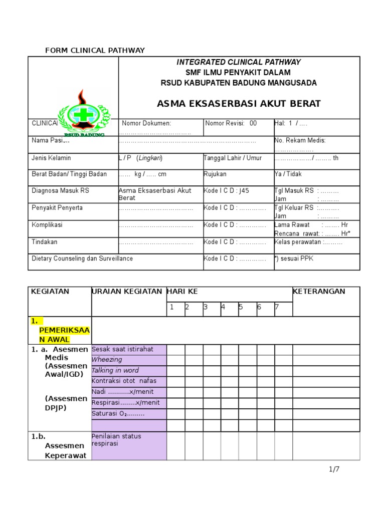 Clinical Pathway Form Asma - Rsud Badung Mangusada 01 2017 | PDF