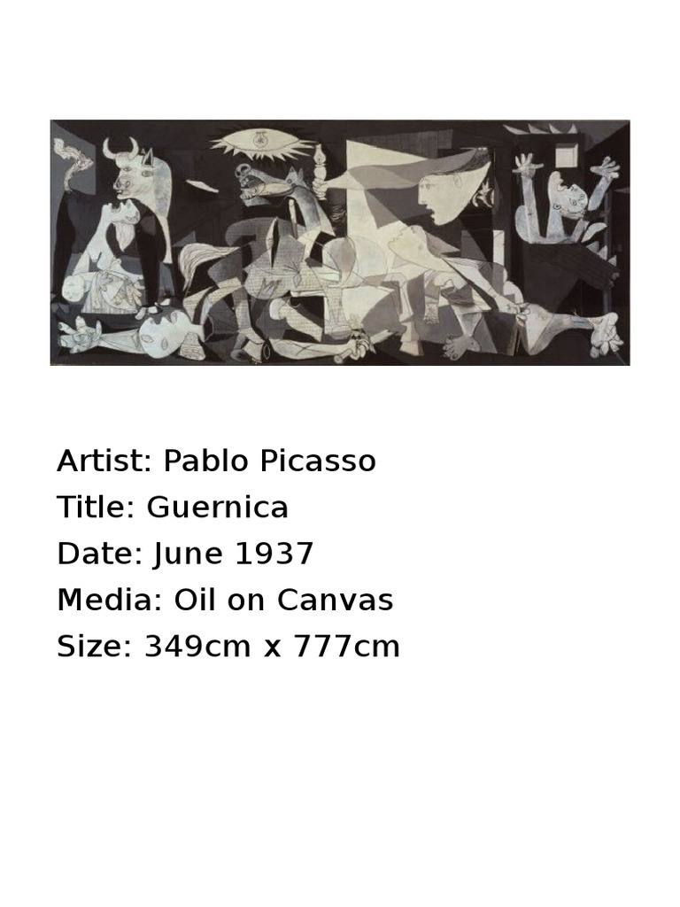 Artist: Pablo Picasso Title: Guernica Date: June 1937 Media: Oil On ...