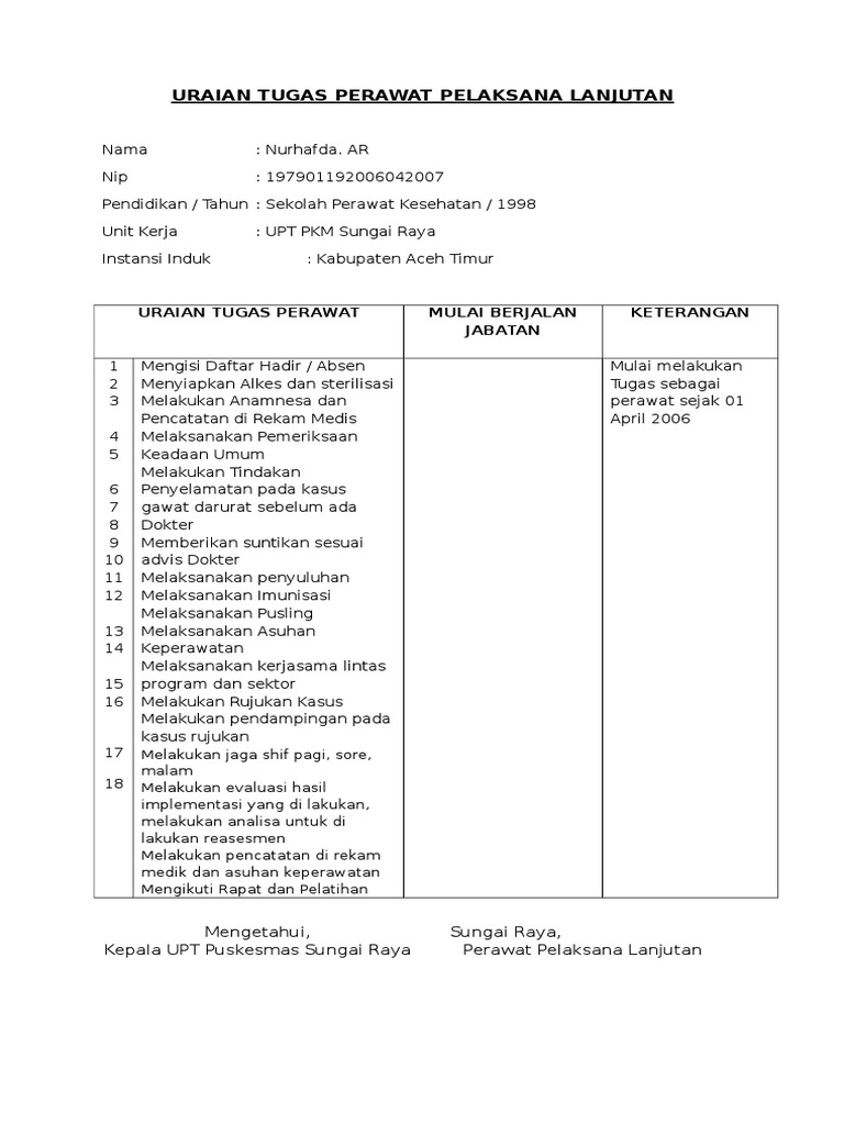 Uraian Tugas Perawat Pelaksana Lanjutan