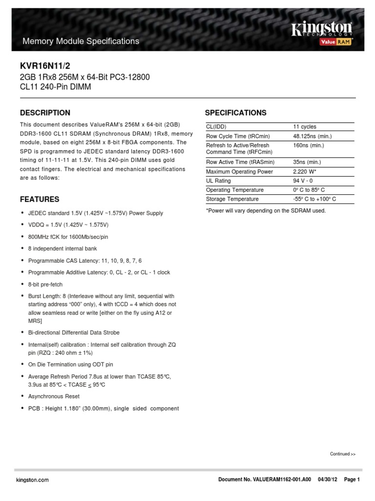 KVR16N11/2: Memory Module Specifi cations