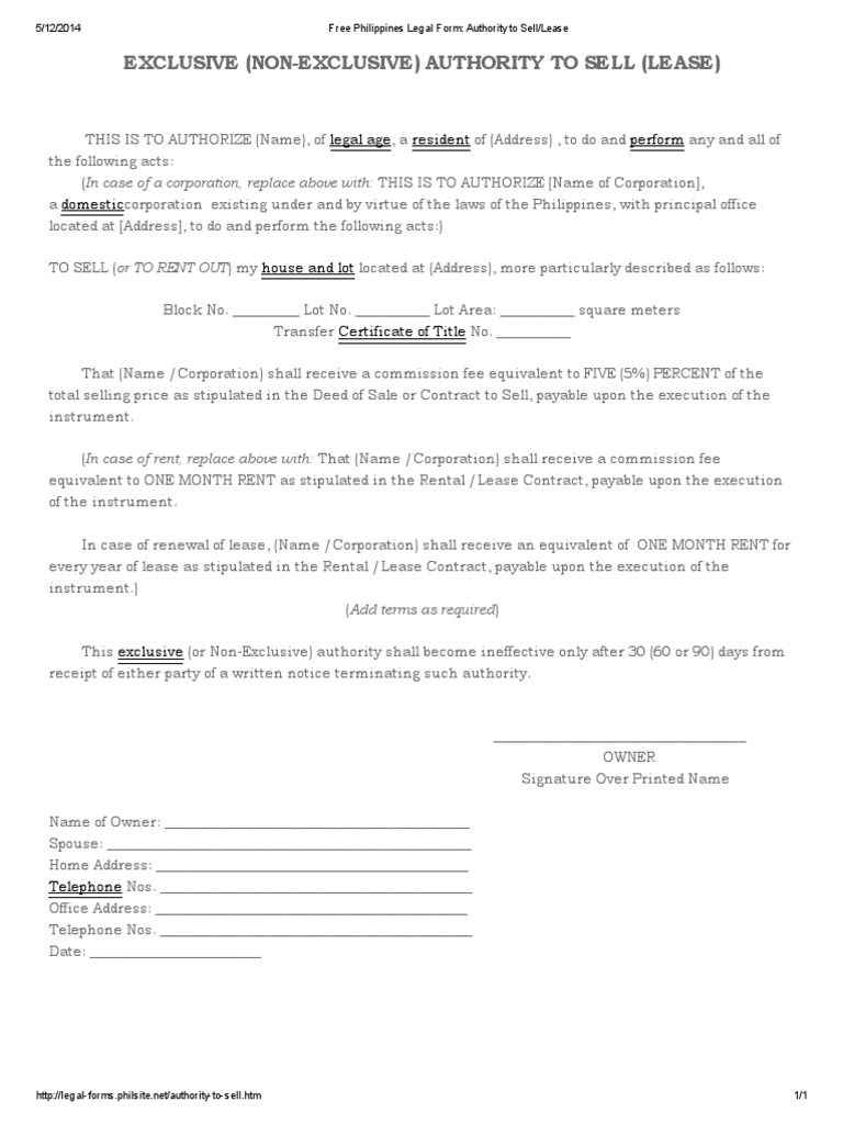 Free Philippines Legal Form Authority To Sell Lease PDF PDF