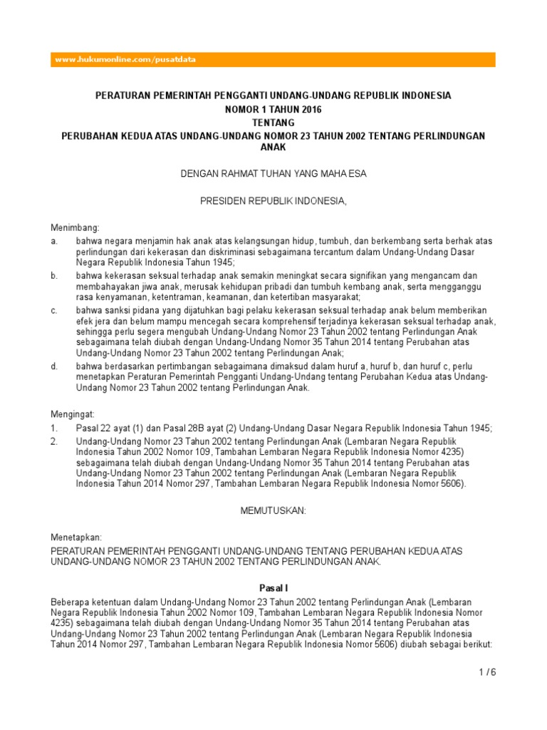 Perppu No. 1/2016 Perlindungan Anak | PDF | Ilmu Sosial