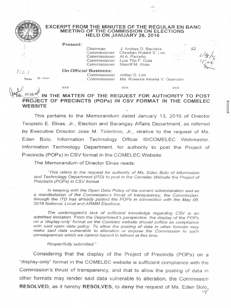 Project of Precincts (COMELEC Minute Resolution No. 16-0036) | PDF