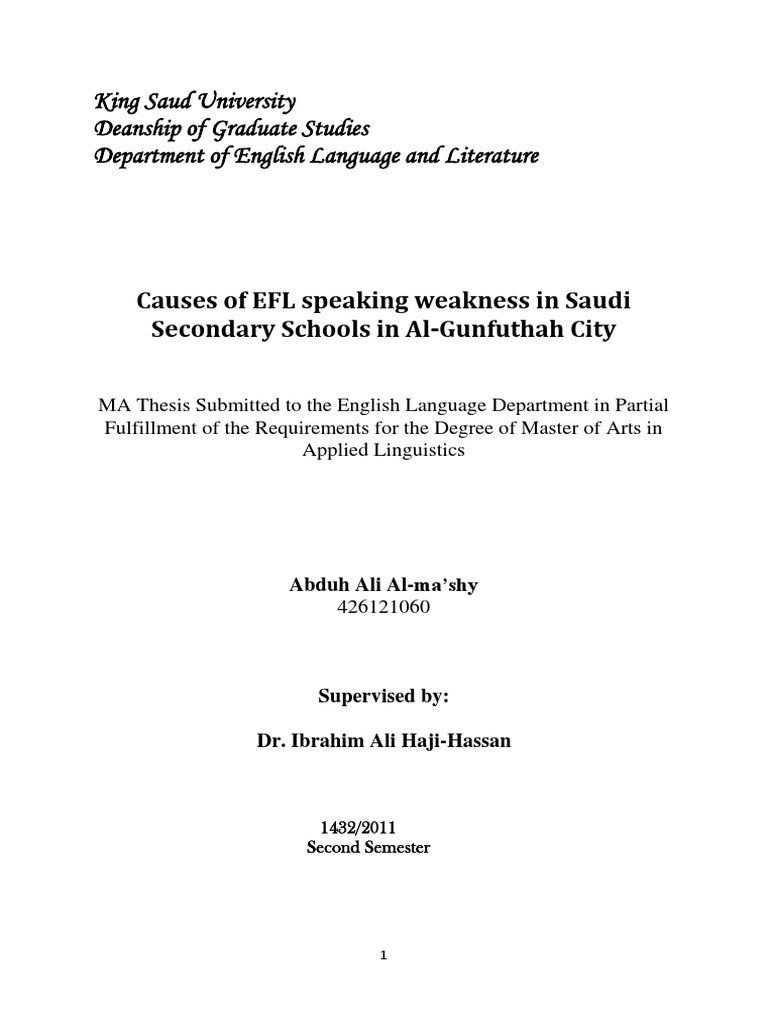 EFL Speaking Weakness in Saudi Schools | PDF | English As A Second Or ...
