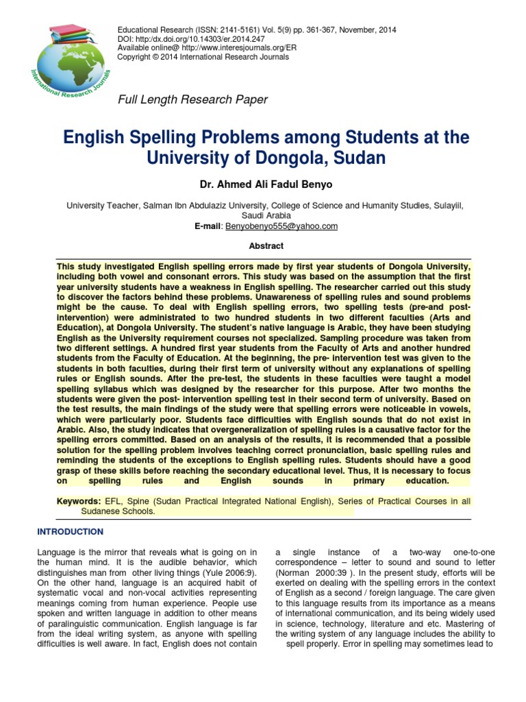 English Spelling Problems Among Students at The University of Dongola ...