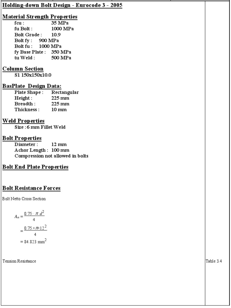 Holdingdown Bolt Design Calculation Sheet for Column Base Plate PDF