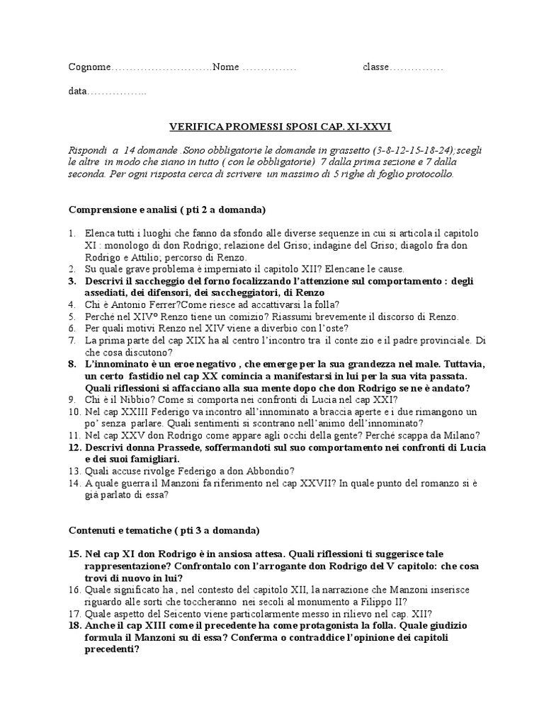 Verifica Promessi Sposi Capitolo 1