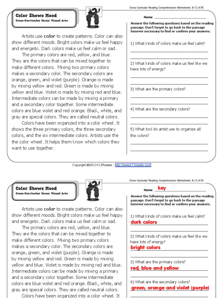 color shows mood 2nd grade reading comprehension worksheets pdf color electromagnetic spectrum