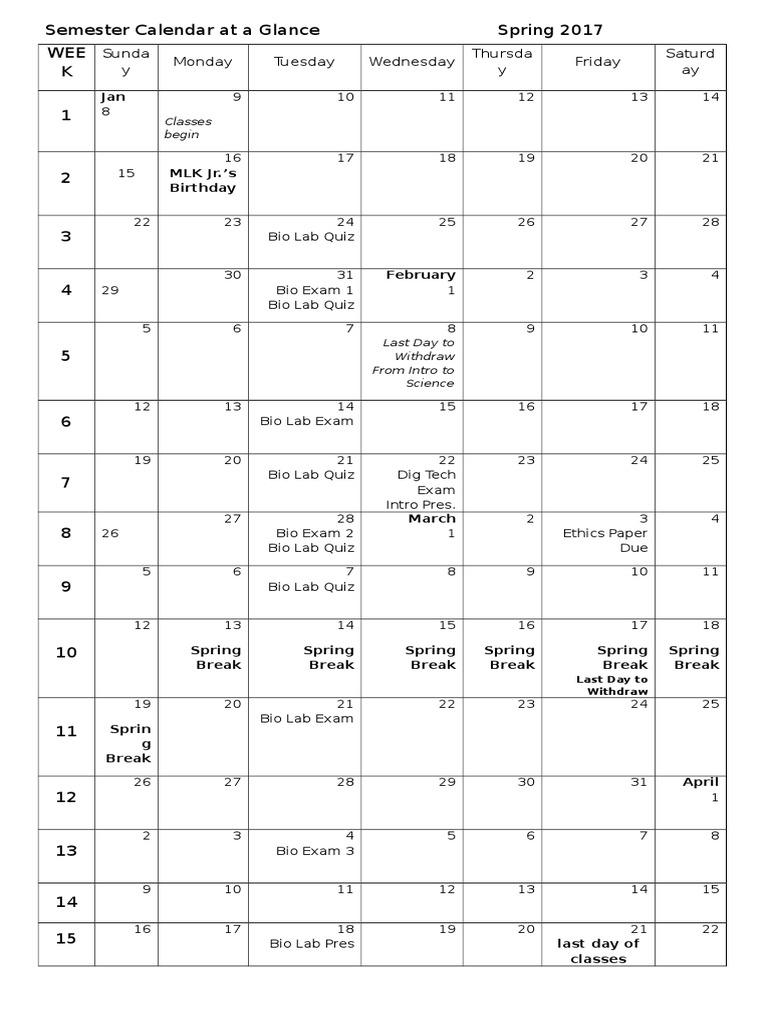 Semester Calendar Spring 2017 | PDF