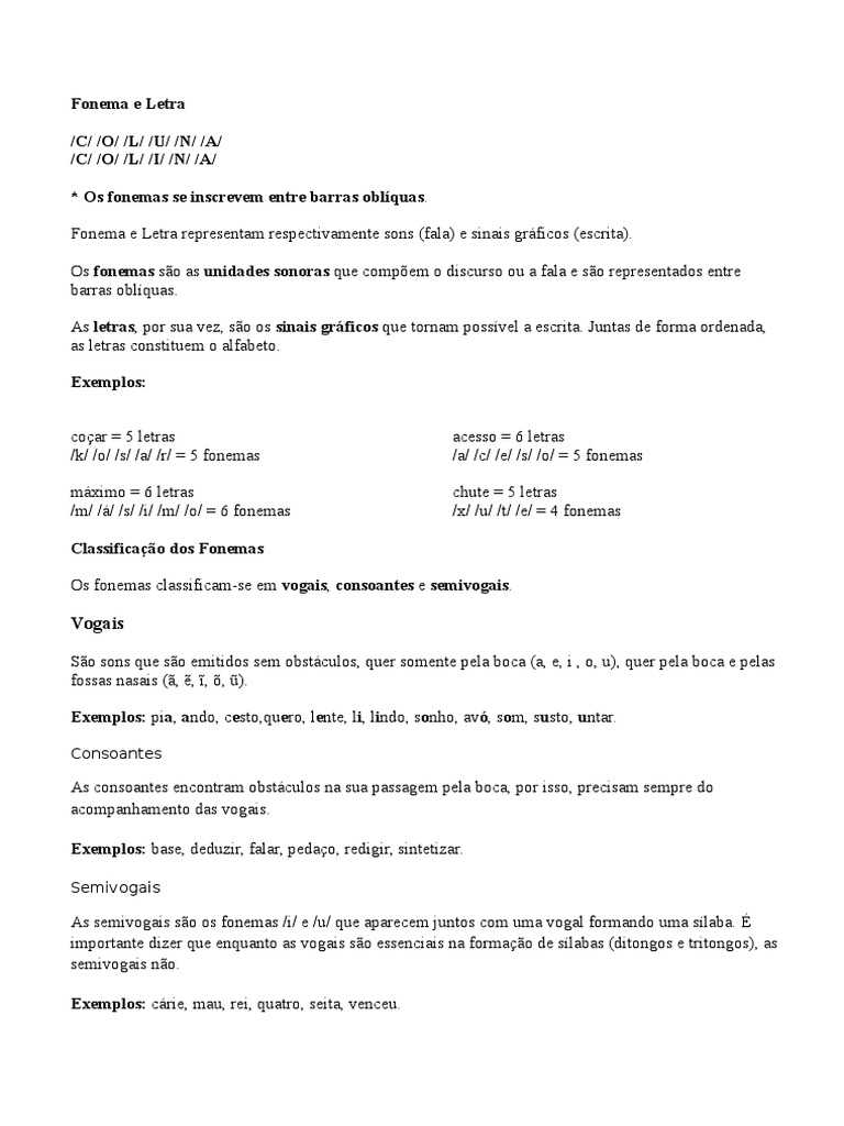 Fonemas e Letras: Conceitos e Exemplos | PDF | Fonema | Vogal