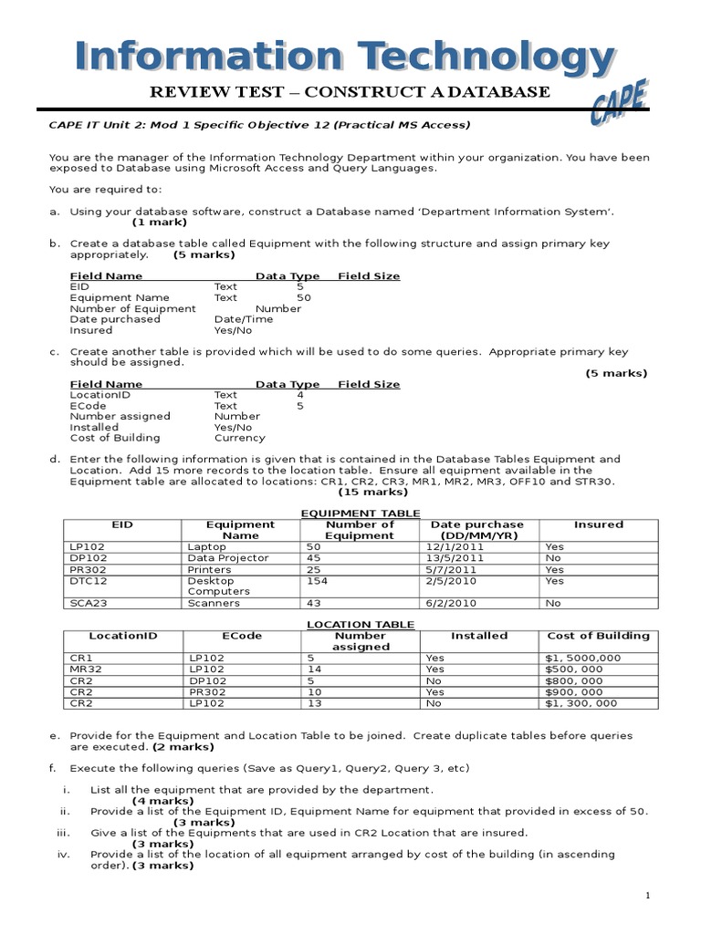 CAPE IT Unit 2 Mod+1+Specific+Objective+12+Practical+Database | PDF