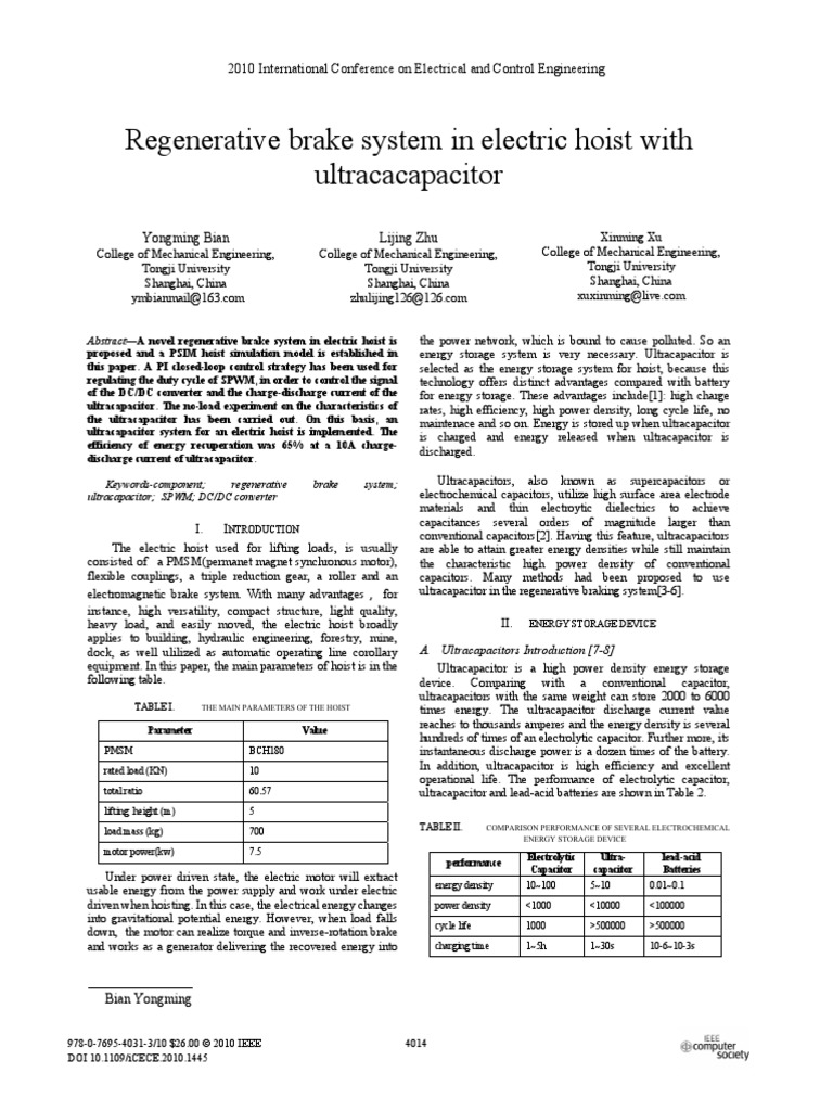 Regenerative Brake System in Electric Hoist With Ultracacapacitor PDF