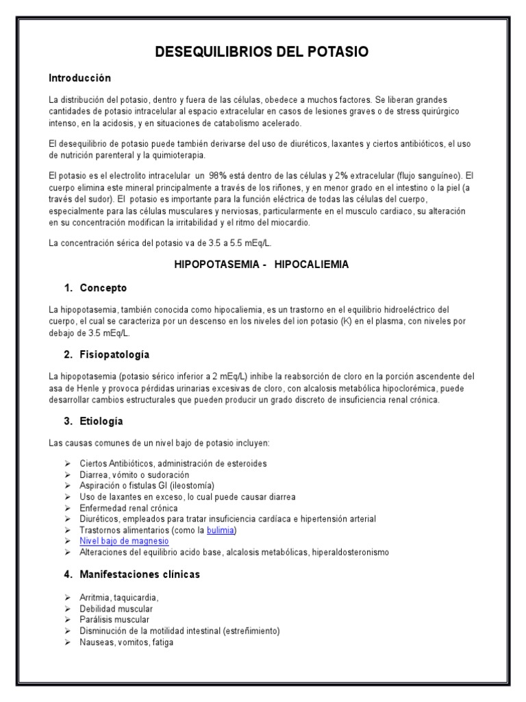 Desequilibrios Del Potasio | PDF | Potasio | Dieta y nutrición