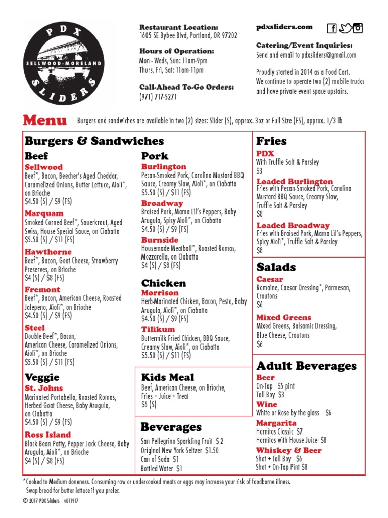 PDX Sliders Food Menu, 1.30.17 PDF