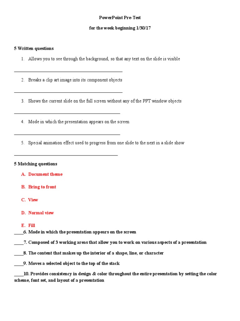 PowerPoint Pre-Test Questions and Answers | PDF | Games & Activities | Art
