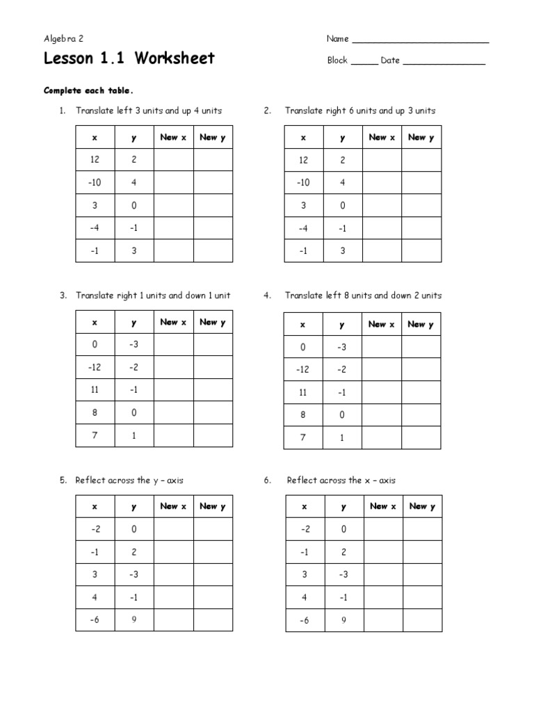 Lesson 1.1 Worksheet: Complete Each Table | PDF