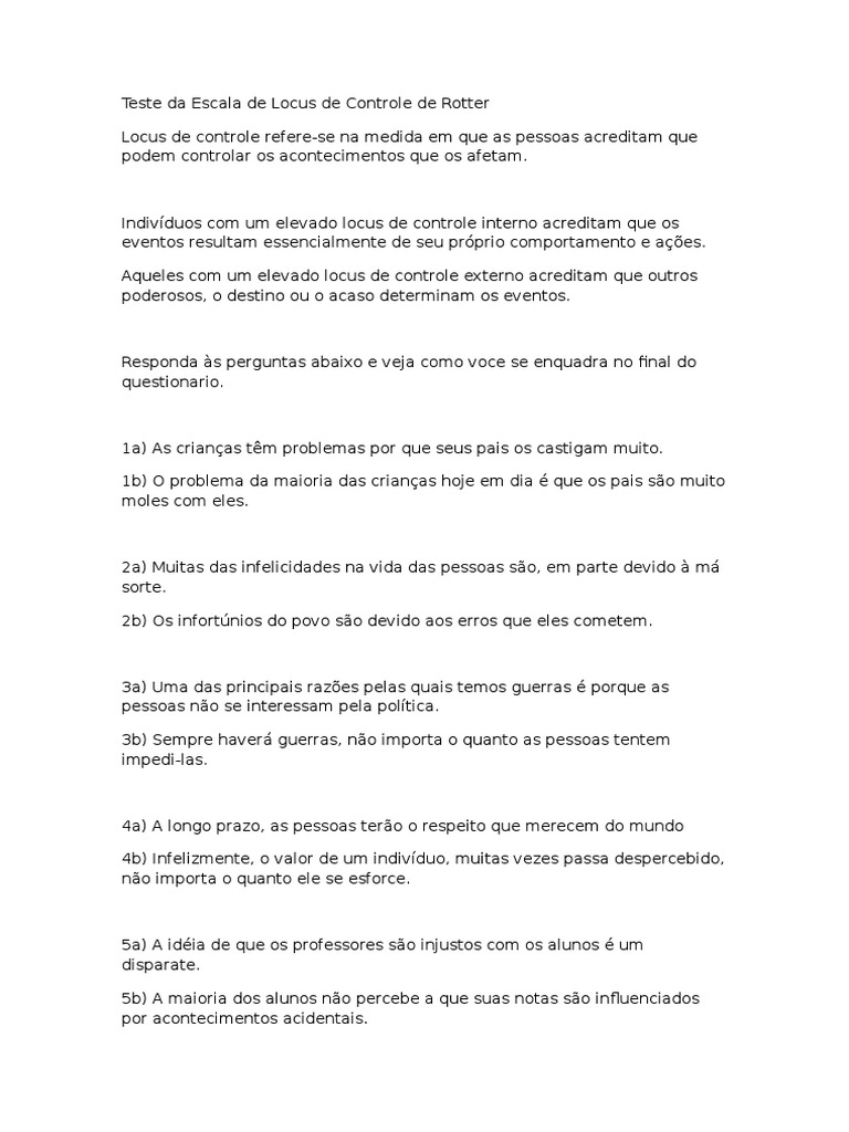 Teste de Locus de Controle de Rotter | PDF | Ação (Filosofia ...