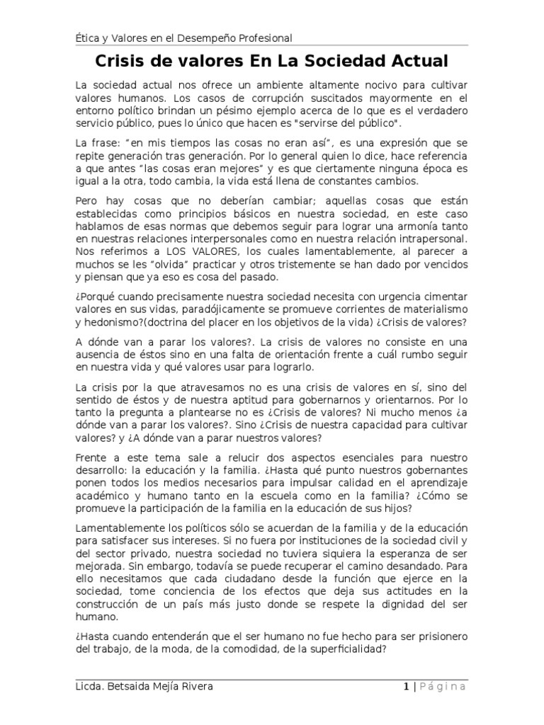 Crisis de Valores en la Sociedad Actual | PDF | Familia | Vida