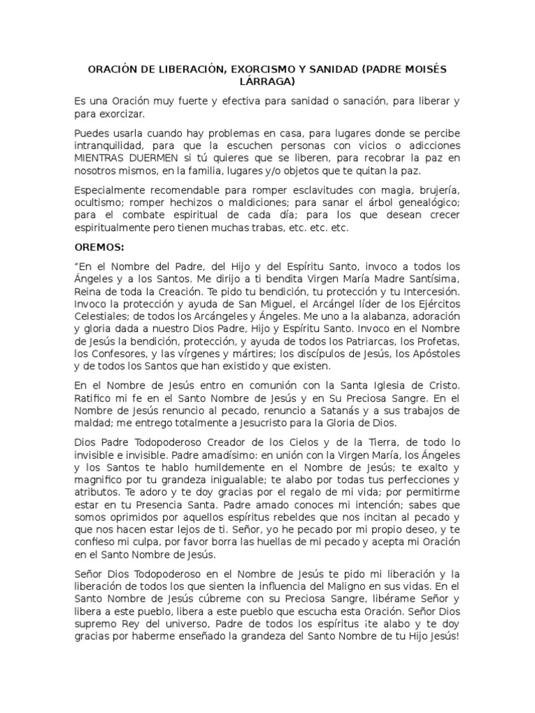 Oración de Liberación, Exorcismo y Sanidad (Padre Moisés Lárraga) | PDF ...