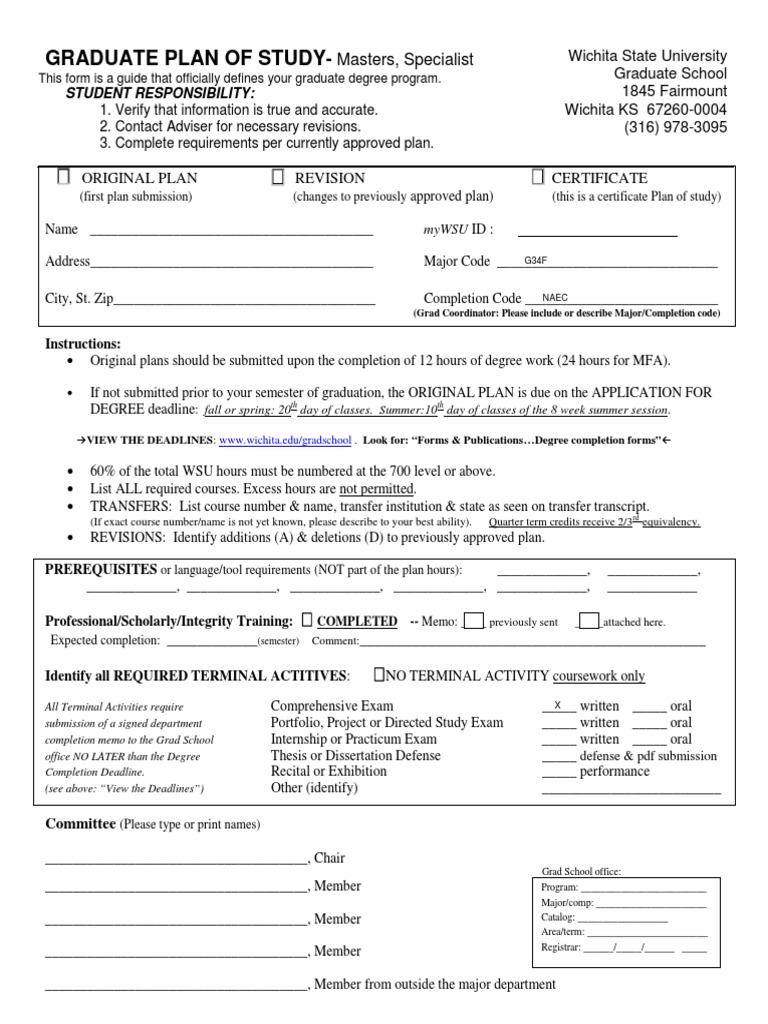 Graduate Plan of Study Wichita State University Graduate School 1845