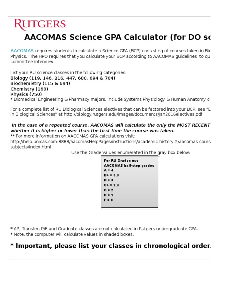 Science GPA Calculator (For DO Schools) Important, Please