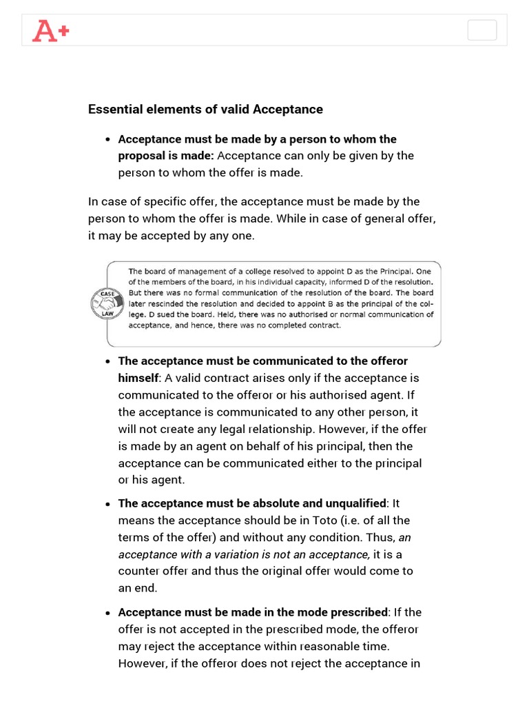 Essential elements of valid acceptance offer and acceptance pearson