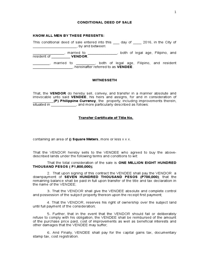 Sample Conditional Deed of Sale | PDF | Deed | Title (Property)
