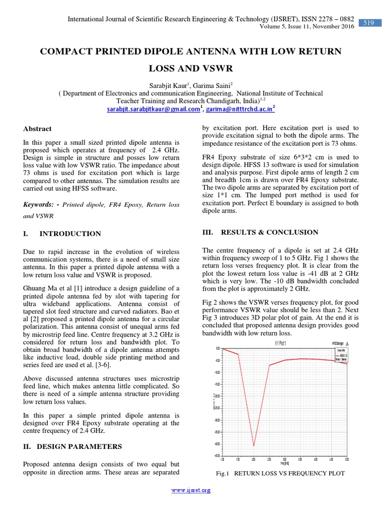 Compact Printed Dipole Antenna With Low Return Loss and VSWR | PDF ...